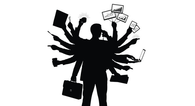 Dynamic vector illustration of a multitalented business person efficiently handling multiple professional responsibilities.