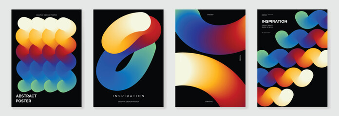 Naklejka premium Modern gradient poster background vector set. Abstract cover template with monotone perspective geometric prism shape and halftone. Ideal design for social media, cover, banner, flyer. 