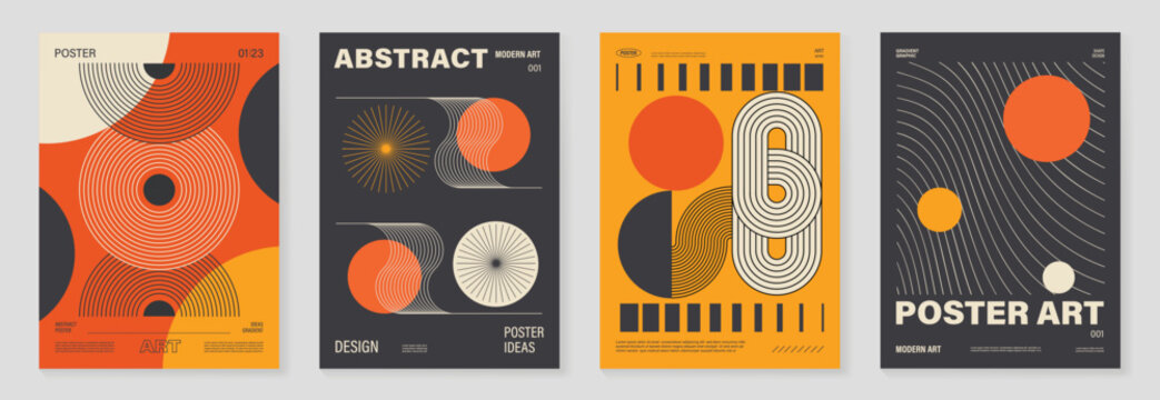 Mid Century Modern abstract geometric poster set with orange black cream shapes, retro minimal art print template vector.