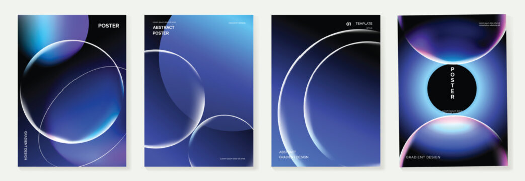 Abstract blue gradient glowing poster set with futuristic glass shapes, neon light effects and modern geometric layout vector. Design for poster, cover, banner, brochure, branding and social media.
