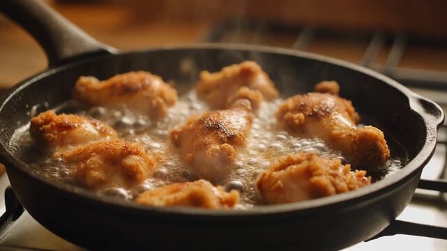 Crispy chicken drumsticks frying in hot oil inside a black skillet