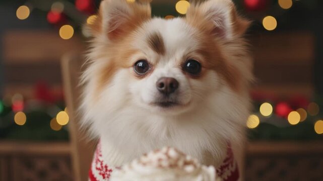Adorable Pomeranian dog posing indoors with festive Christmas lights, cozy winter atmosphere and warm bokeh background.