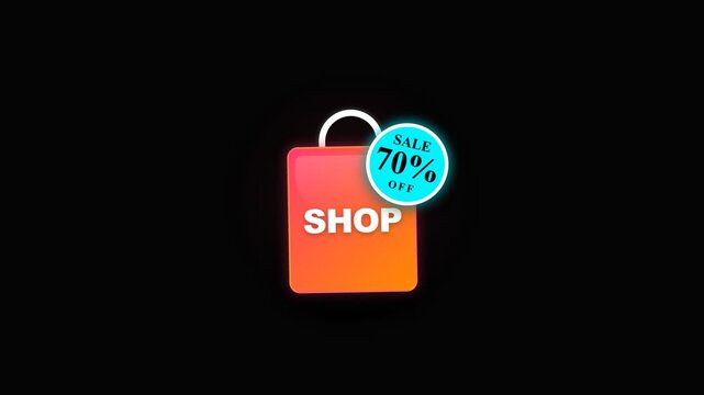 Bright red shopping bag with seventy percent sale badge on black background.