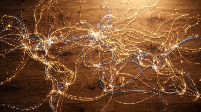 Glowing string lights tangled on a wooden table in a cozy indoor setting with cables