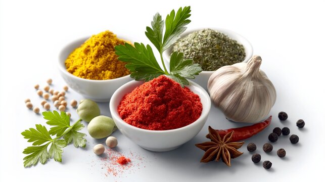 Bright spices in bowls, fresh herbs, and garlic. Red, yellow, and green powders add bold colors. Star anise, peppercorns, and chili pepper complete the scene