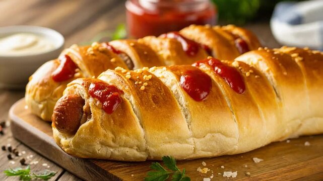 Baked sausage bread topped with ketchup and mustard, golden homemade pastry served on a wooden board, delicious comfort food with savory flavors.