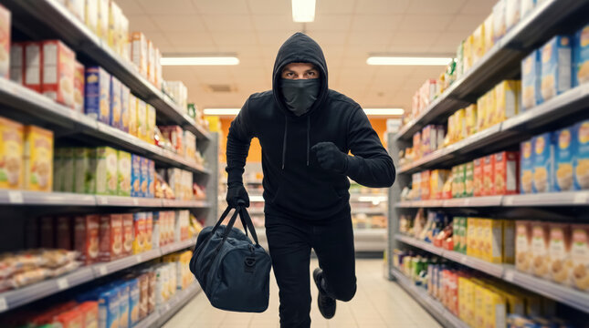 Masked robber running through supermarket aisle with duffel bag, retail theft concept. 