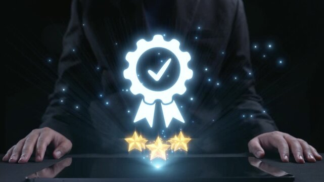A professional figure presenting a quality assurance badge with a check mark and five stars, symbolizing trust and success in a modern business environment. Qubit
