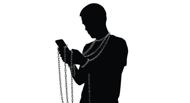 Man in silhouette with chains around his neck and wrists looking at smartphone