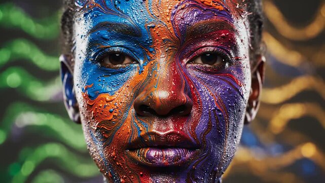 Face with vibrant colorful paint ideal for sleek commercial backgrounds and title sequences
