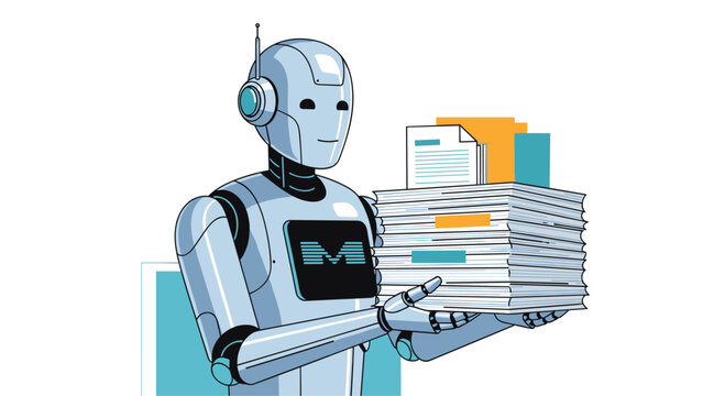 Humanoid robot with a white body and blue accents holding a massive stack of paper documents and files for office work.