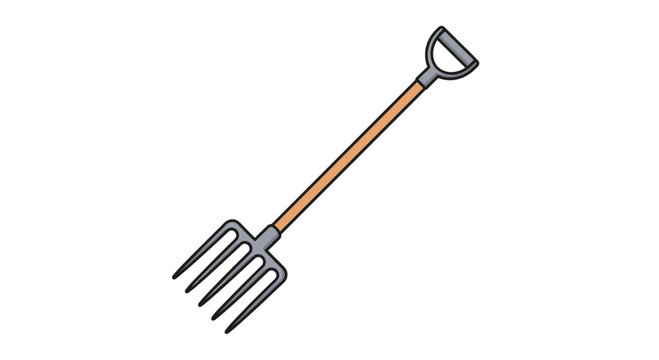 Traditional metal gardening pitchfork with a long wooden handle used for farming, soil turning, and agricultural work.