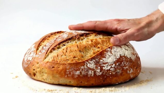 Hand checking fresh artisan loaf of crusty sourdough bread on white table