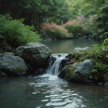 Quiet pond and small waterfall deep in a lush forest