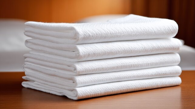 Neatly Stacked Six Folded White Towels on Wooden Surface with Blurred Bedroom Background Cleanliness Hospitality Photography