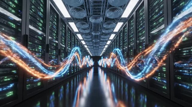 server room with glowing data waves perfect for IT presentations and tech marketing