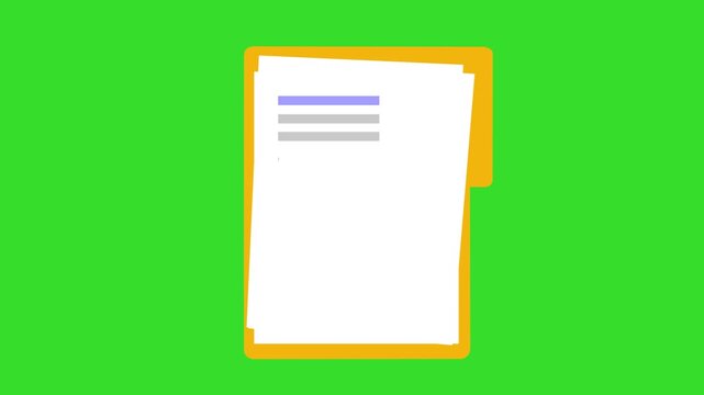 Document with red rejected stamp and yellow folder on green background animation, legal document, contract denial, or application rejection