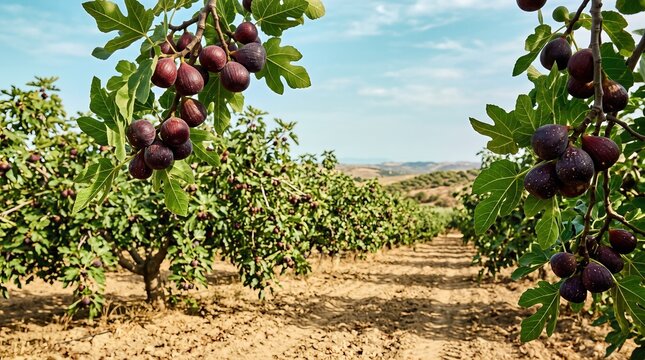 Fig trees with ripe purple figs hanging from branches in a sunny orchard, rows of green foliage and distant hills visible under a clear blue sky