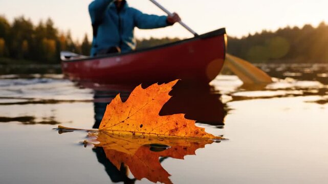 Person paddling a red canoe on a calm lake during autumn with a fallen leaf floating nearby.