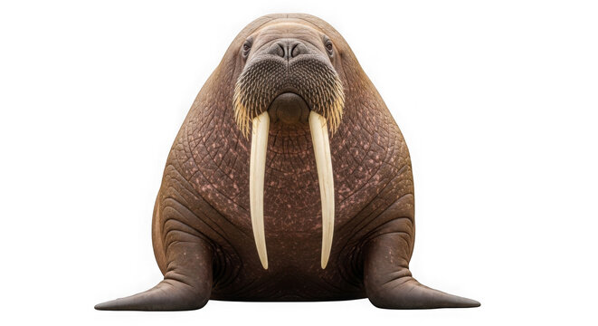 Walrus sitting isolated on transparent background with large tusks