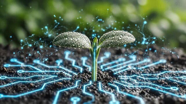 Young plant with water droplets and blue energy for outdoor lifestyle brands and nature documentaries