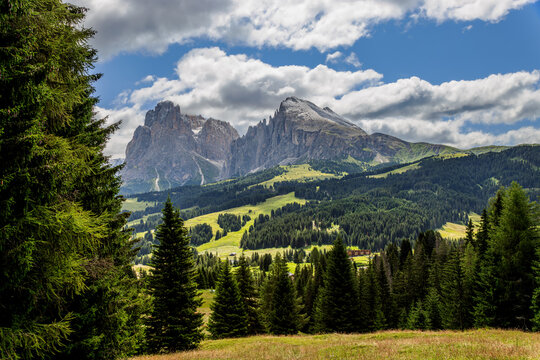 The Langkofel group with the peaks of Langkofel and Plattkofel on the Seiser Alm, Dolomites, South Tyrol, Italy.