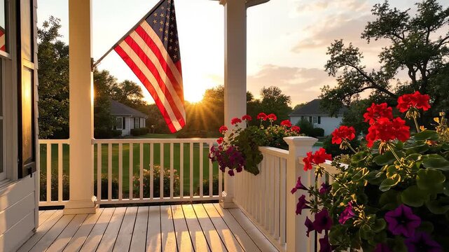 Porch with American flag at sunset symbolizing exploration and the great outdoors