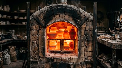 Fototapeta premium Traditional Brick Kiln with Glowing Red Hot Ceramic Vessels in Rustic Workshop
