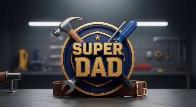 super dad emblem with tools in workshop celebrating fatherhood and craftsmanship