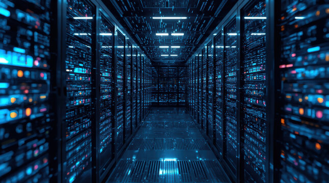 Futuristic server room data center aisle with glowing blue racks and reflective floor