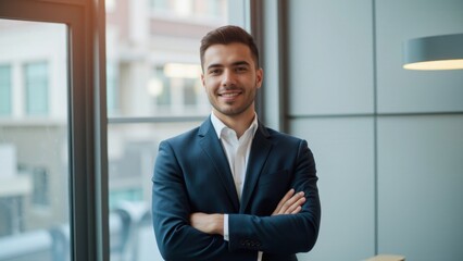 Fototapeta premium Young male executive in suit and tie standing confidently with hands on hips.