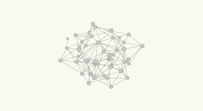 Abstract geometric network of interconnected nodes and lines representing data, technology, communication, and complex systems on a minimalist background.