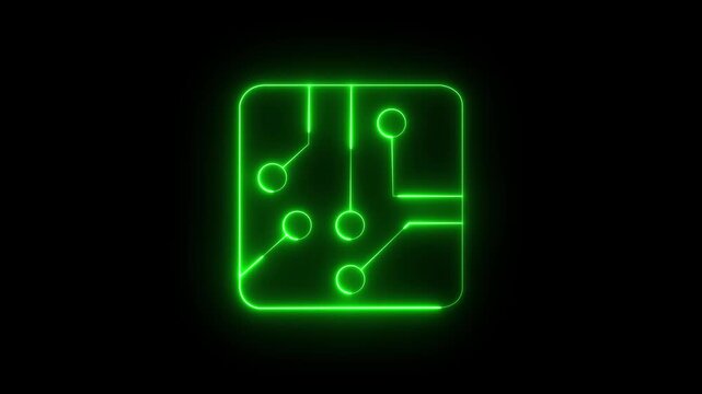 Glowing green circuit board trace animation on a black background, data processing, artificial intelligence, futuristic interface, or technology concept