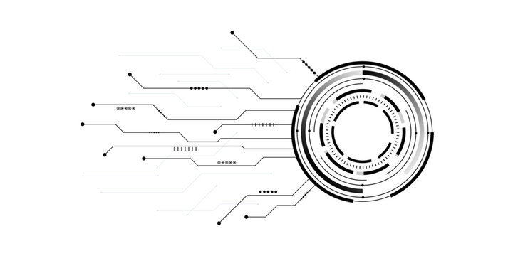Abstract futuristic circular HUD interface with circuit lines and digital technology background