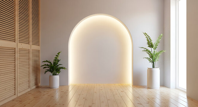 Modern interior design with archway and plants in white room with wooden floor