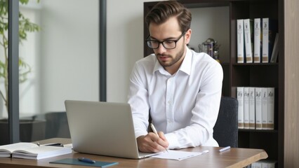 Fototapeta premium Man sitting at desk with laptop and pen, focusing on work.