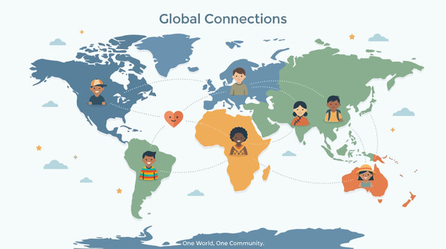 A symbolic flat design illustration featuring a stylized world map adorned with diverse child icons on each continent, representing global unity and the interconnectedness of children worldwide.