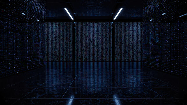 Encrypted digital server room with reflective floor and moody blue lighting