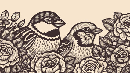 Fototapeta premium Two birds and floral illustration vintage engraved style