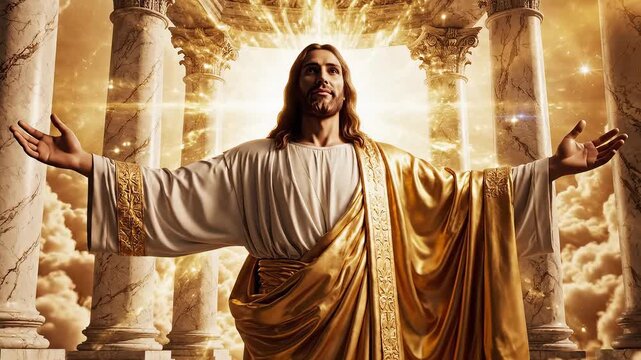 Figure in robes with open arms under columns ideal for sleek commercial backgrounds and title sequences
