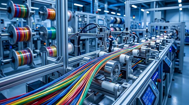 Industrial Manufacturing Machine with Colorful Wires in High-tech Factory