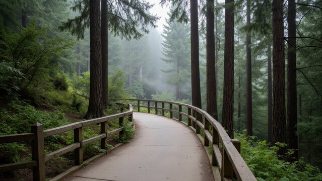 Wooden walkway overlooking forest in foggy weather.