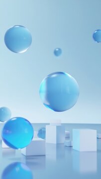 3D rendered blue and clear water droplets on a surface with three blocks for scale, demonstrating the buoyancy of these floating entities.