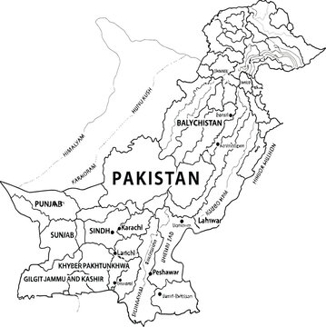 Detailed political map of pakistan showing provinces and major cities in black and white outline