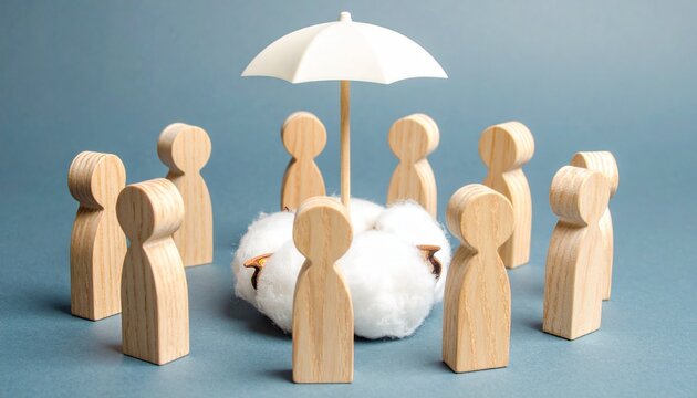 Umbrella Protecting Cotton with Wooden Figures &ndash; Care Visual for Editorial, Lifestyle, or Empowerment Branding Themes