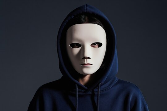 Person wears blank white mask over face hiding identity. Dark blue hoodie obscures person. Studio shot shows anonymity and isolation on dark background.