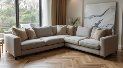Obraz premium Modern beige sectional sofa with textured throw pillows in bright living room