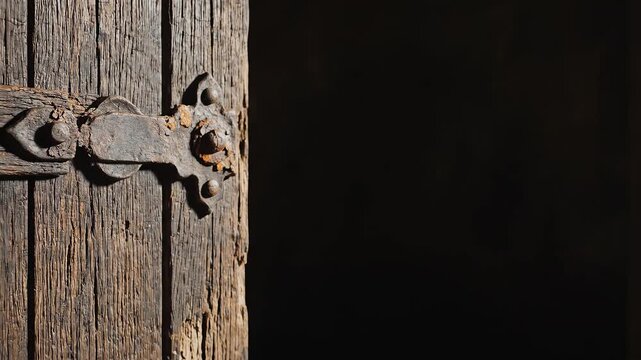 Closeup of old wooden door with metal latch ideal for sleek commercial backgrounds and title sequences