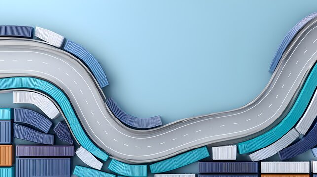 3D Top View of Winding Road and Cargo Containers for Global Logistics Supply Chain and Transportation Industry Concept Design