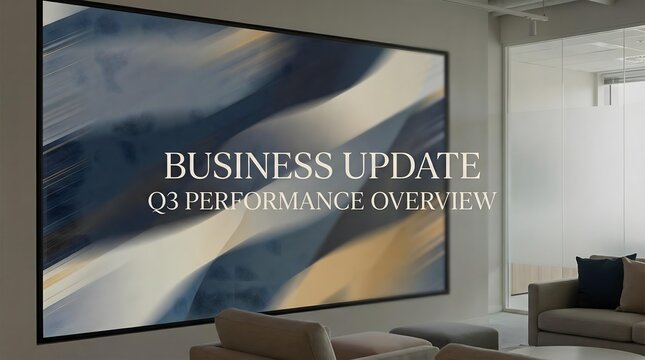 business tech neutral news background with modern digital media and corporate Corporate Business Update Presentation in Modern Office with Abstract Artwork Displaying Q3 Performance Overview